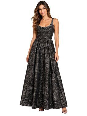 Aidan Mattox Black Metallic Sequin Maxi Evening Gown Dress Size 6
